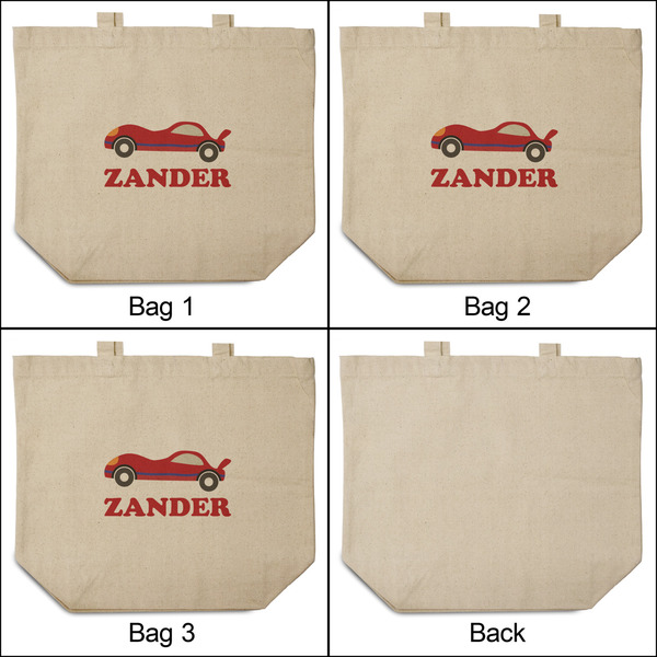 Race Car 3 Reusable Cotton Grocery Bags - Front & Back View