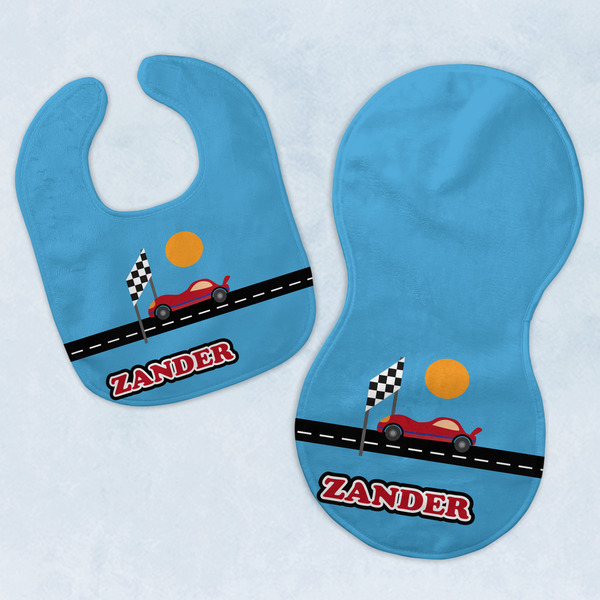 Custom Race Car Baby Bib & Burp Set w/ Name or Text