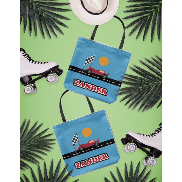 Race Car Canvas Tote Lifestyle Front and Back- 13x13