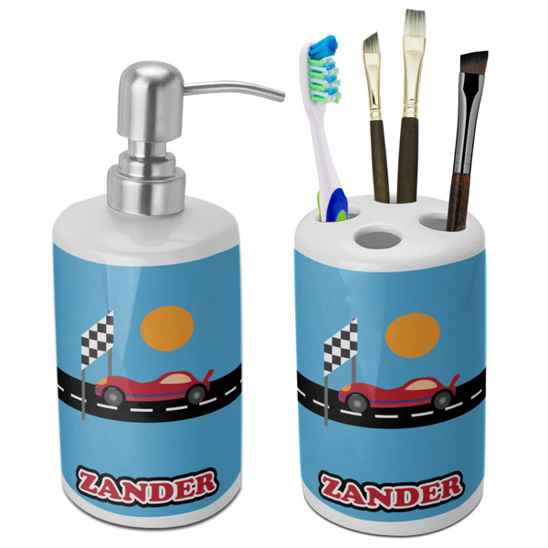 Custom Race Car Ceramic Bathroom Accessories Set (Personalized)