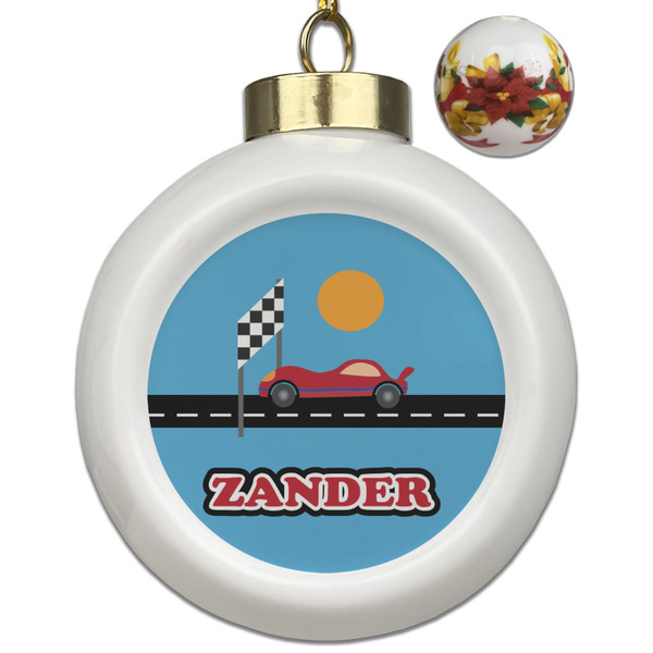 Custom Race Car Ceramic Ball Ornaments - Poinsettia Garland (Personalized)