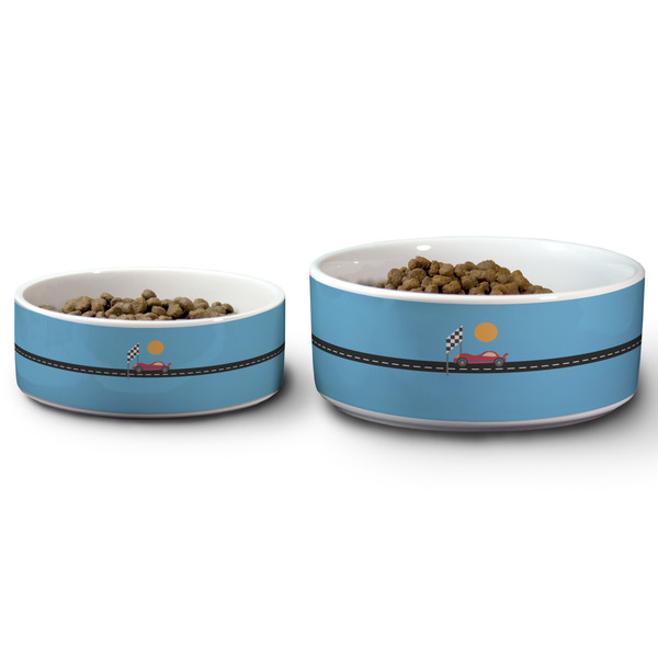 Race Car Ceramic Dog Bowls - Size Comparison