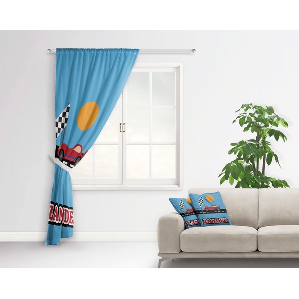 Race Car Curtain With Window and Rod - in Room Matching Pillow