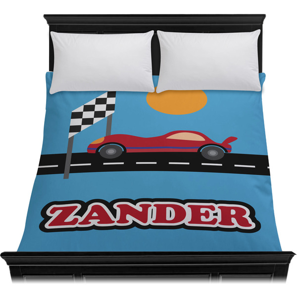 Race Car Duvet Cover - Queen - On Bed - No Prop