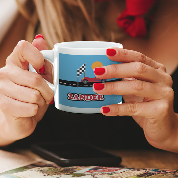 Race Car Espresso Cup - 6oz (Double Shot) LIFESTYLE (Woman hands cropped)