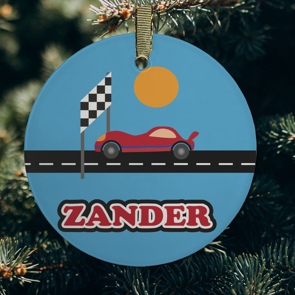 Race Car Frosted Glass Ornament - Round (Lifestyle)