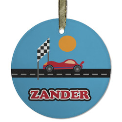 Race Car Flat Glass Ornament - Round w/ Name or Text