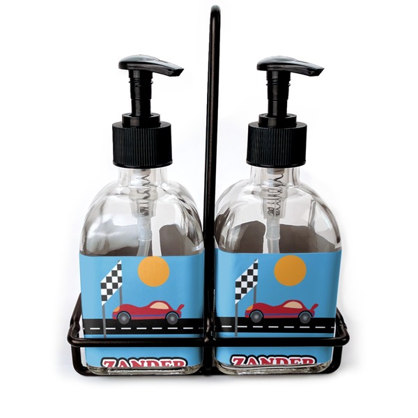 Custom Race Car Glass Soap & Lotion Bottle Set (Personalized)
