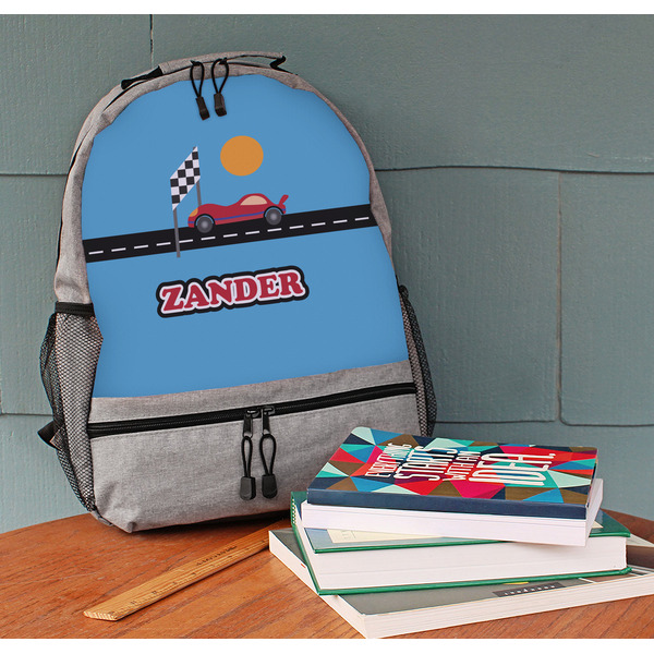 Race Car Large Backpack - Gray - On Desk