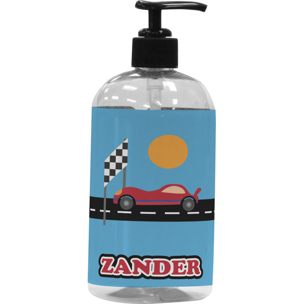 Custom Race Car Plastic Soap / Lotion Dispenser (16 oz - Large - Black) (Personalized)