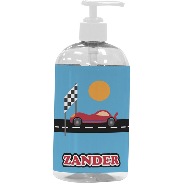 Custom Race Car Plastic Soap / Lotion Dispenser (16 oz - Large - White) (Personalized)