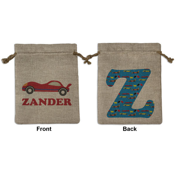 Custom Race Car Medium Burlap Gift Bag - Front & Back (Personalized)