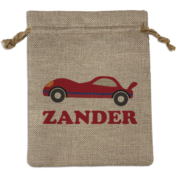 Custom Race Car Medium Burlap Gift Bag - Front (Personalized)