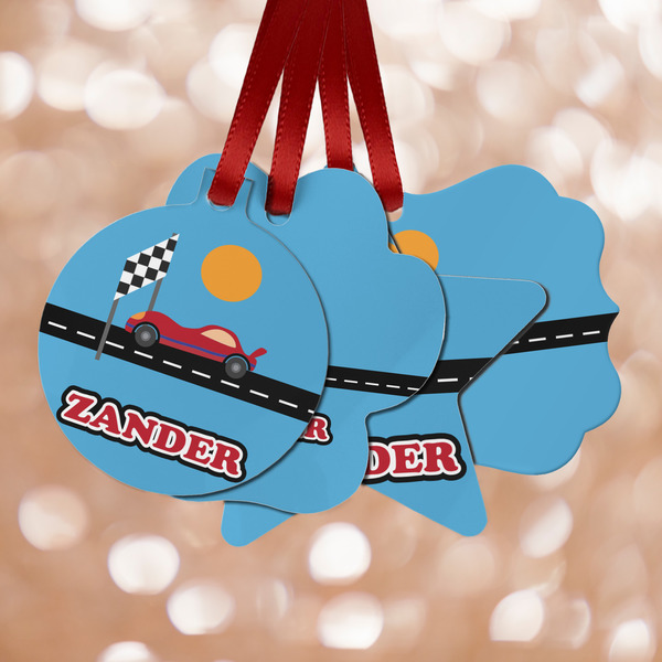 Custom Race Car Metal Ornaments - Double Sided w/ Name or Text
