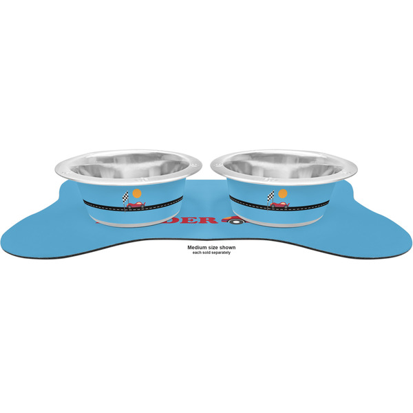 Race Car Metal Pet Bowls - On Dog Bone Shaped Mat