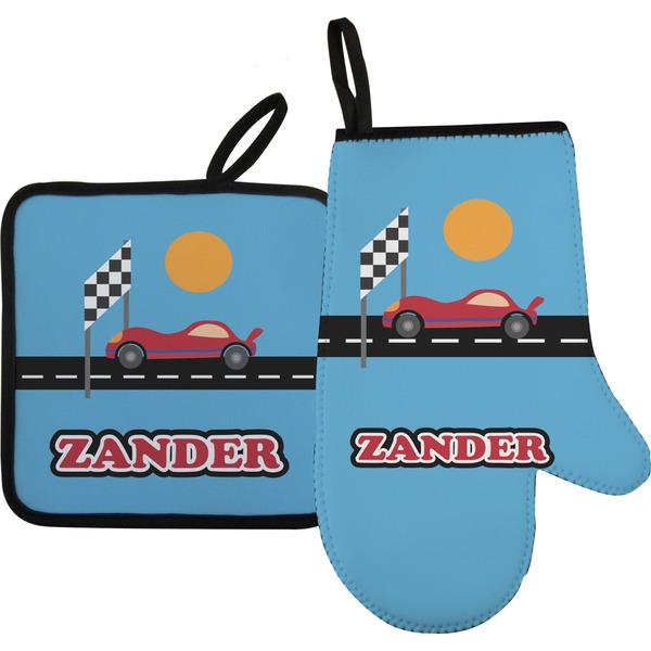 Custom Race Car Right Oven Mitt & Pot Holder Set w/ Name or Text