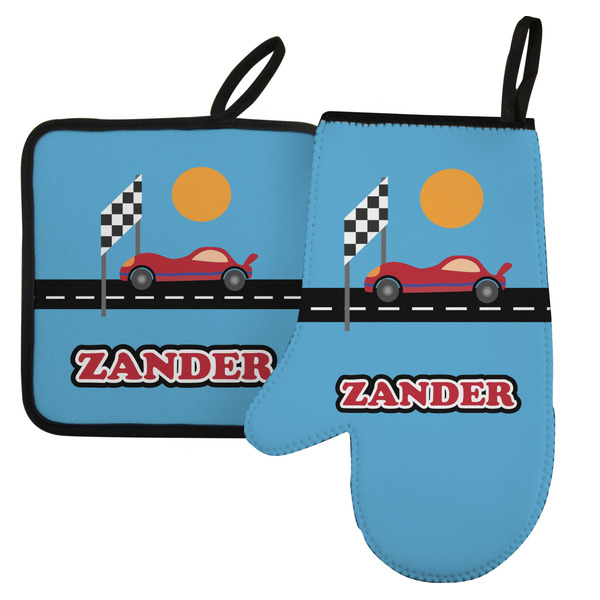 Custom Race Car Left Oven Mitt & Pot Holder Set w/ Name or Text