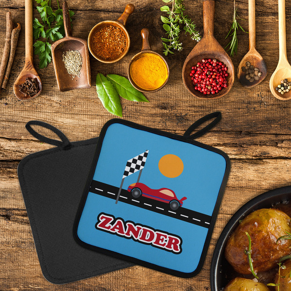 Race Car Neoprene Pot Holder - Set of 2  LIFESTYLE (Flatlay)