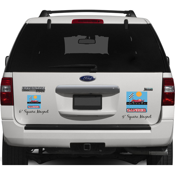 Race Car Personalized Square Car Magnets on Ford Explorer