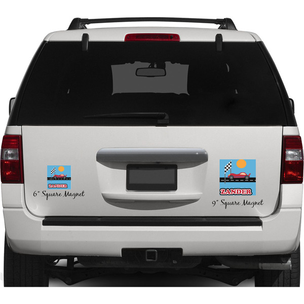 Race Car Personalized Square Car Magnets on Ford Explorer