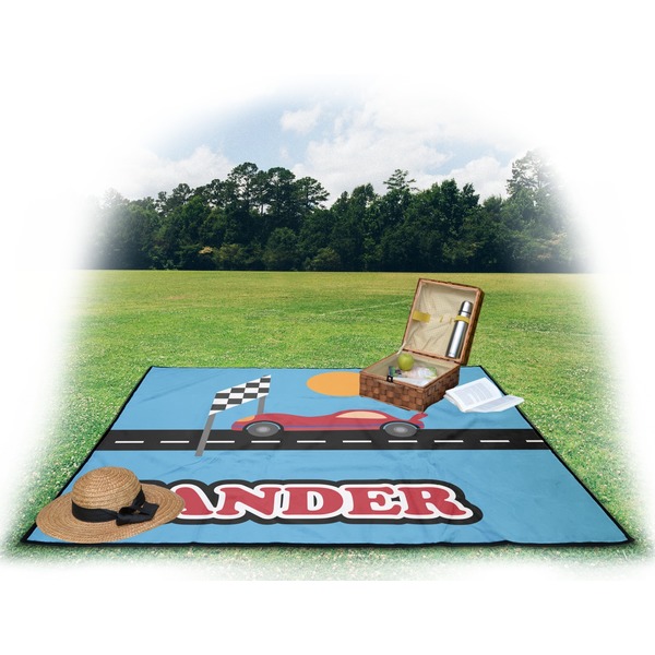Race Car Picnic Blanket - with Basket Hat and Book - in Use