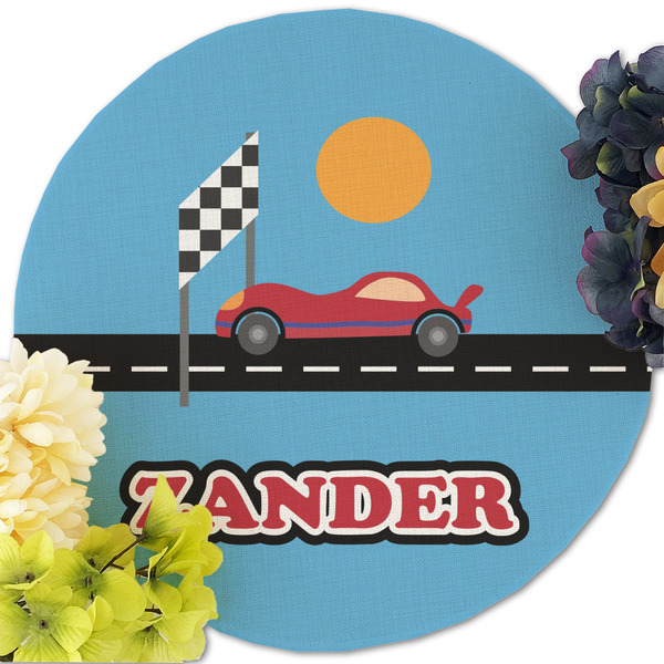 Race Car Round Linen Placemats - Front (w flowers)
