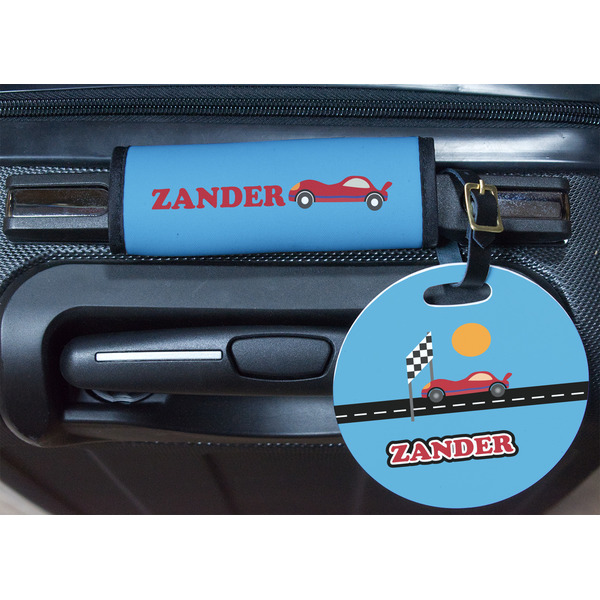 Race Car Round Luggage Tag & Handle Wrap - In Context