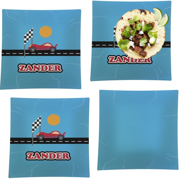 Custom Race Car Set of 4 Glass Square Lunch / Dinner Plate 9.5" (Personalized)