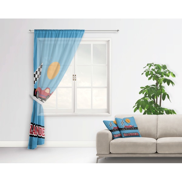 Race Car Sheer Curtain With Window and Rod - in Room Matching Pillow