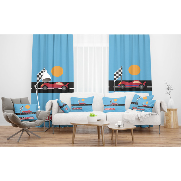 Race Car Sheer and Custom Curtains in Room with Matching Pillows