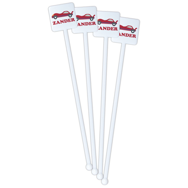 Race Car White Plastic Stir Stick - Single Sided - Square - Front