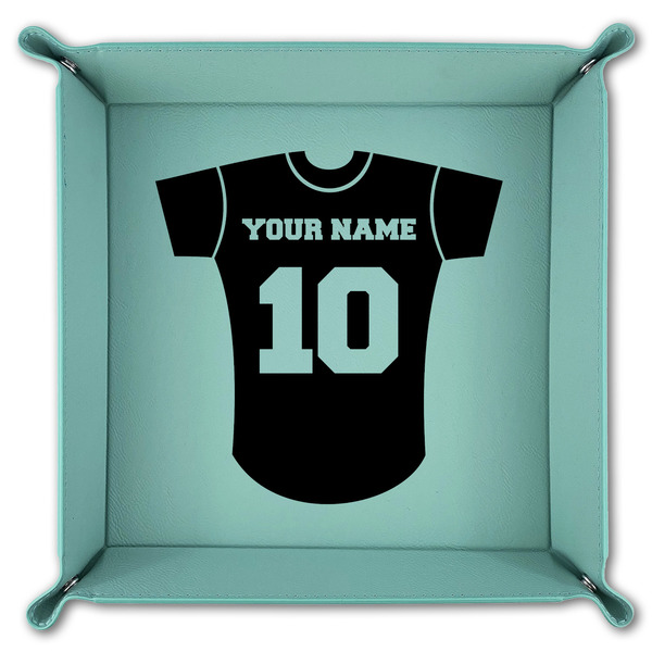 Baseball Jersey 9" x 9" Teal Leatherette Snap Up Tray - FOLDED