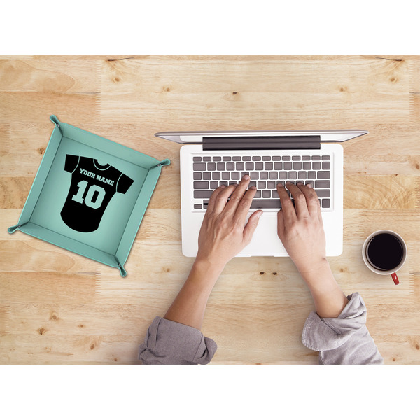 Baseball Jersey 9" x 9" Teal Leatherette Snap Up Tray - LIFESTYLE