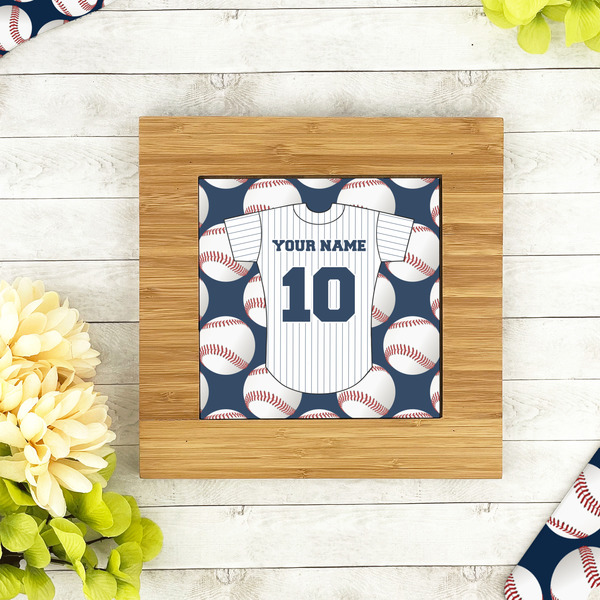 Baseball Jersey Bamboo Trivet with 6" Tile - LIFESTYLE