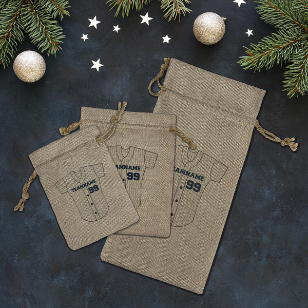 Baseball Jersey Burlap Gift Bags - LIFESTYLE (Flat lay)