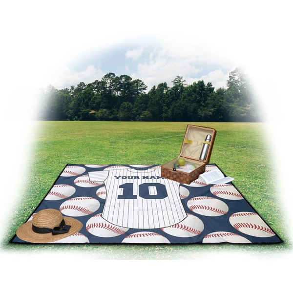 Baseball Jersey Picnic Blanket - with Basket Hat and Book - in Use
