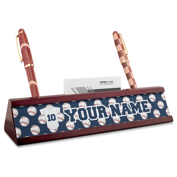 Custom Baseball Jersey Red Mahogany Nameplate with Business Card Holder (Personalized)