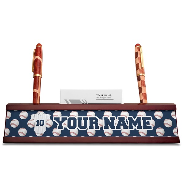 Baseball Jersey Red Mahogany Nameplates with Business Card Holder - Straight