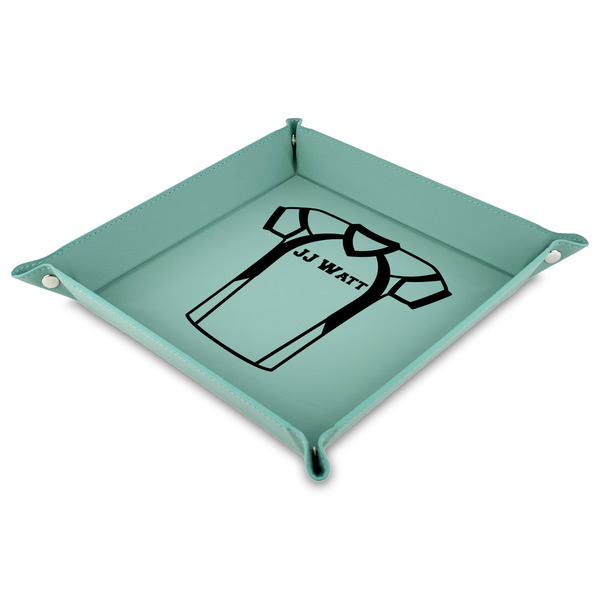 Custom Football Jersey 9" x 9" Teal Faux Leather Valet Tray (Personalized)