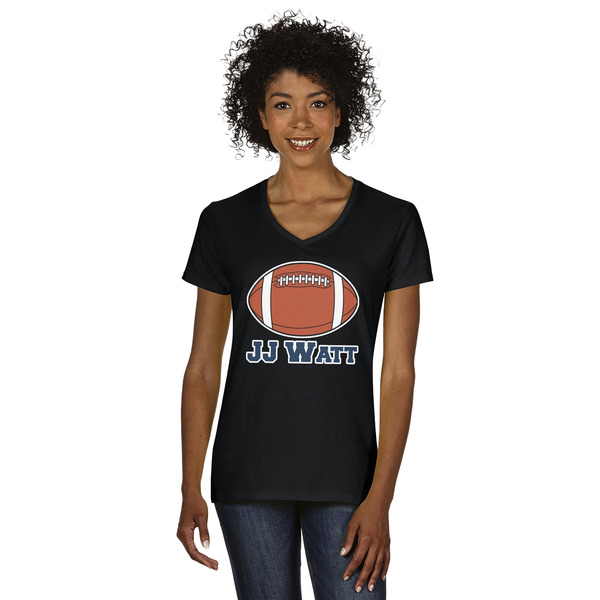 Custom Football Jersey Women's V-Neck T-Shirt - Black - 3XL (Personalized)