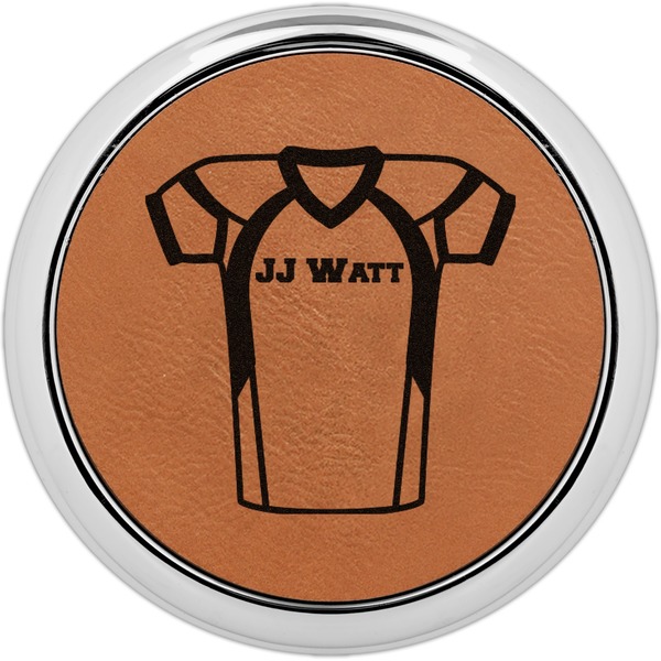 Custom Football Jersey Leatherette Round Coaster w/ Silver Edge - Single or Set (Personalized)