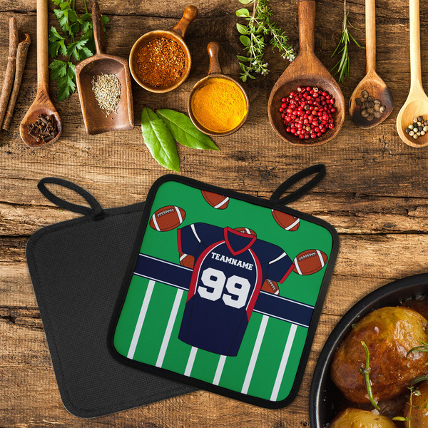 Football Jersey Neoprene Pot Holder - Set of 2  LIFESTYLE (Flatlay)
