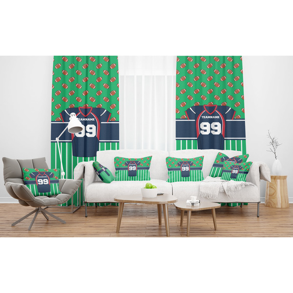Football Jersey Sheer and Custom Curtains in Room with Matching Pillows