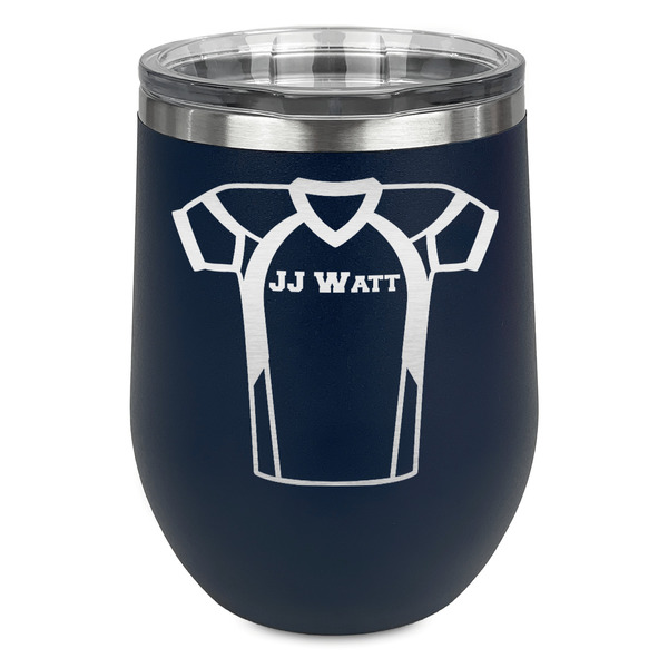 Custom Football Jersey Stemless Stainless Steel Wine Tumbler - Navy - Double Sided (Personalized)