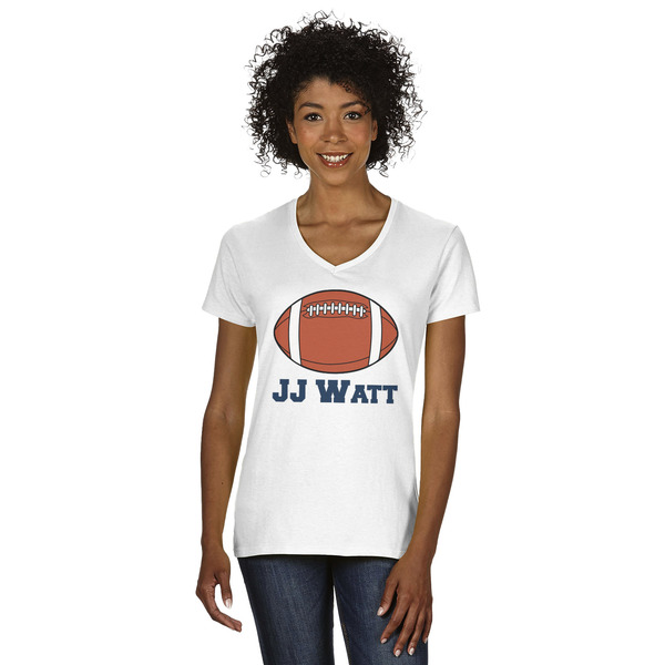 Custom Football Jersey Women's V-Neck T-Shirt - White - Small (Personalized)