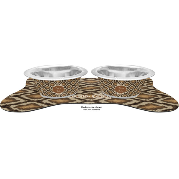 Snake Skin Metal Pet Bowls - On Dog Bone Shaped Mat