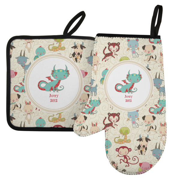 Custom Chinese Zodiac Left Oven Mitt & Pot Holder Set w/ Name or Text
