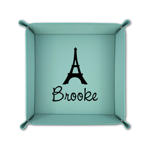 Eiffel Tower 6" x 6" Teal Leatherette Snap Up Tray - FOLDED UP