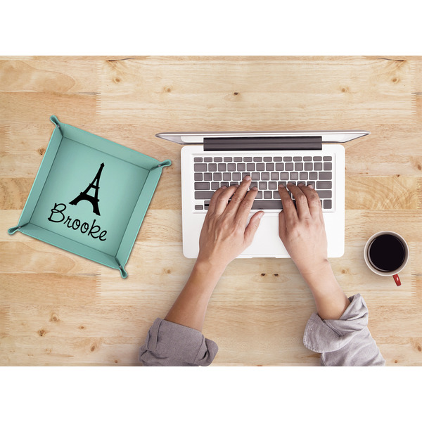 Eiffel Tower 9" x 9" Teal Leatherette Snap Up Tray - LIFESTYLE