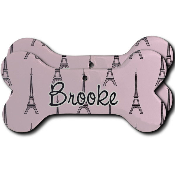 Custom Eiffel Tower Ceramic Dog Ornament - Front & Back w/ Name or Text